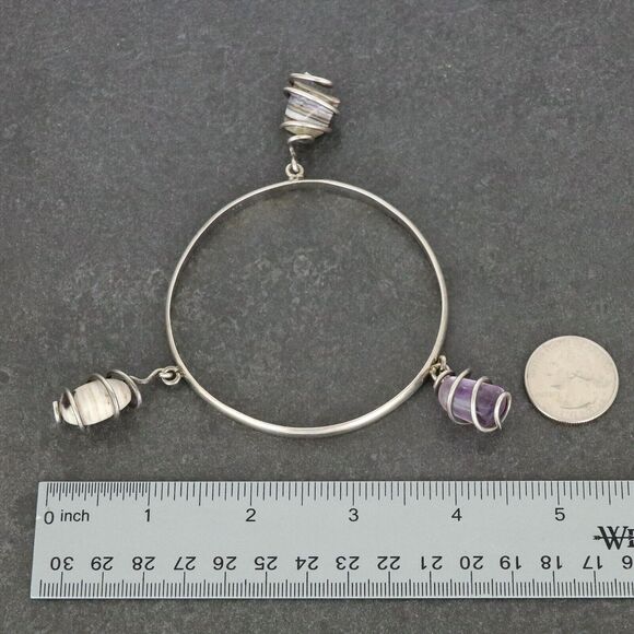 Purple Amethyst Agate Dangle Crystal Bangle | Vintage Sterling Silver 925 | 8.5" - Picture 13 of 13